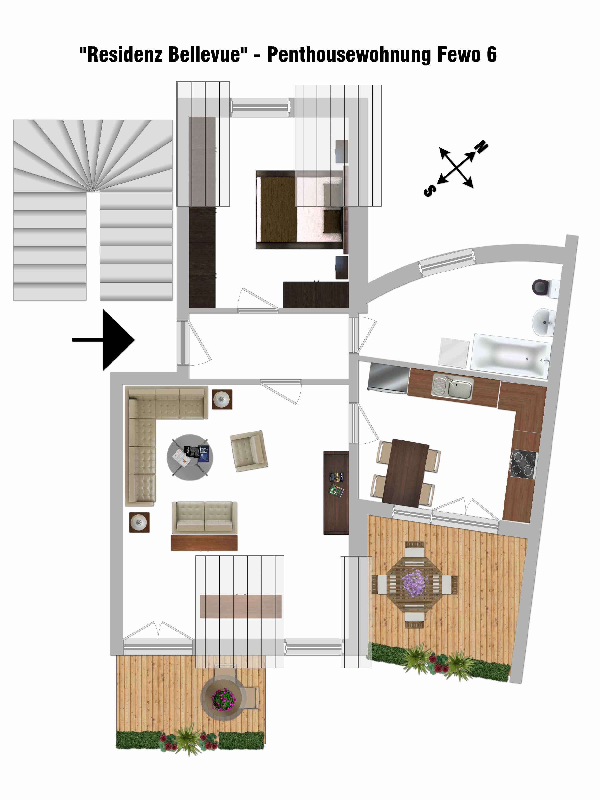 Ferienwohnung 6 Penthousewohnung mit 2 Dachterrassen in der Residenz Bellevue in Zinnowitz auf Usedom, Ferienwohnungen Herrmann, 
            www.fewo-usedom.cc/ferienwohnungen/usedom-zinnowitz-residenz-bellevue.htm